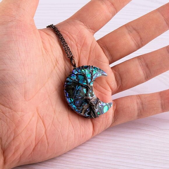 Life Tree Crescent Moon Necklaces for Women, Copper Wire Wrap Gemstones Pendant - Picture 3 of 8